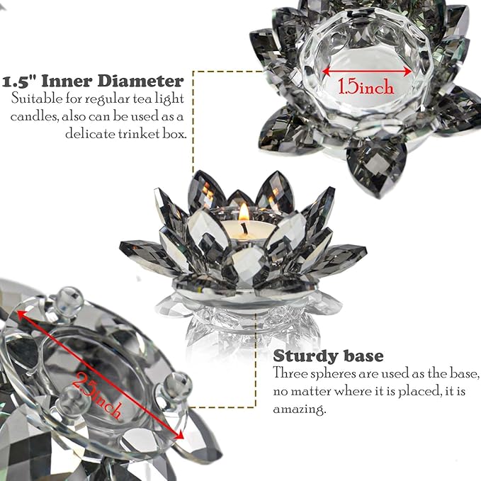 Lotus Black Crystal Tea Candle Holder Crystal Wishing Tealight Candlestick Stand Exquisite Desktop Decoration Holiday Celebration Wedding Restaurant Party Atmosphere Decoration (4 Pcs, Dark Grey)