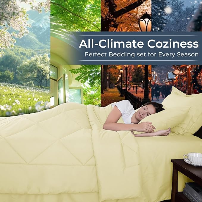 HEVUMYI Cream Yellow Full Comforter Set - 7-Piece All Season Bed in a Bag Full, Ultra Soft Bedding Set with Comforter, Flat Sheet, Fitted Sheet, Pillowcases, Pillow Shams