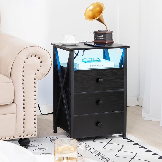 AMHANCIBLE LED Nightstand with Charging Station, Smart End Side Table with USB Port & Power Outlet, Bedside Table with Fabric Drawers for Bedroom, Living Room, Black, HET053LBK1