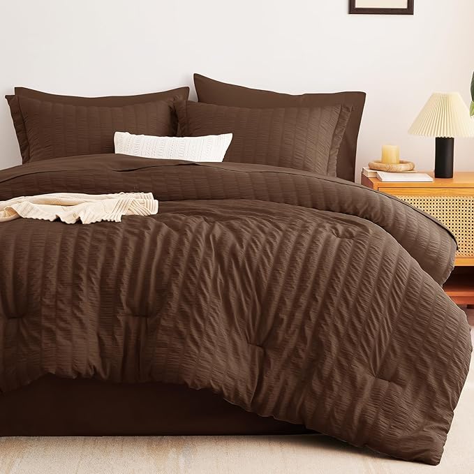 CozyLux Queen Comforter Set Brown Seersucker 7 Pieces Bed in a Bag Queen Comforter Set with Sheets, Luxury Soft Bedding Set with Down Alternative Comforter, Sheets, Pillowcases & Shams for All Seasons
