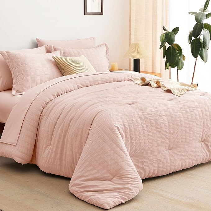 CozyLux Full Size Comforter Sets with Sheets Seersucker 7 Pieces Blush Pink Bed in a Bag Textured Luxury Soft Bedding Set with Down Alternative Comforter, Sheets, Pillowcases & Shams for All Seasons