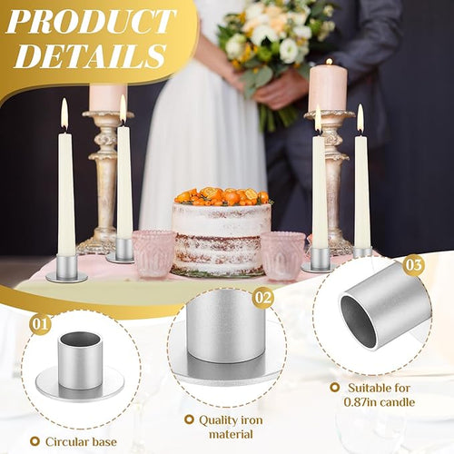 24 Pcs Silver Taper Candle Holders Bulk for Pillar Candles Metal Short Candlestick Holder Silver Centerpieces Decoration for Christmas Thanksgiving Anniversary Dinner Party
