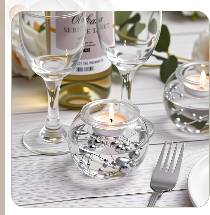 8 Pcs Glass Clear Votive Floating Candle Holders with 8 Pcs Bright Pearl String Beads, Tealight Bowl Candle Holder Bulk for Wedding Centerpiece Home Bridal Shower Party Decor (Silver)