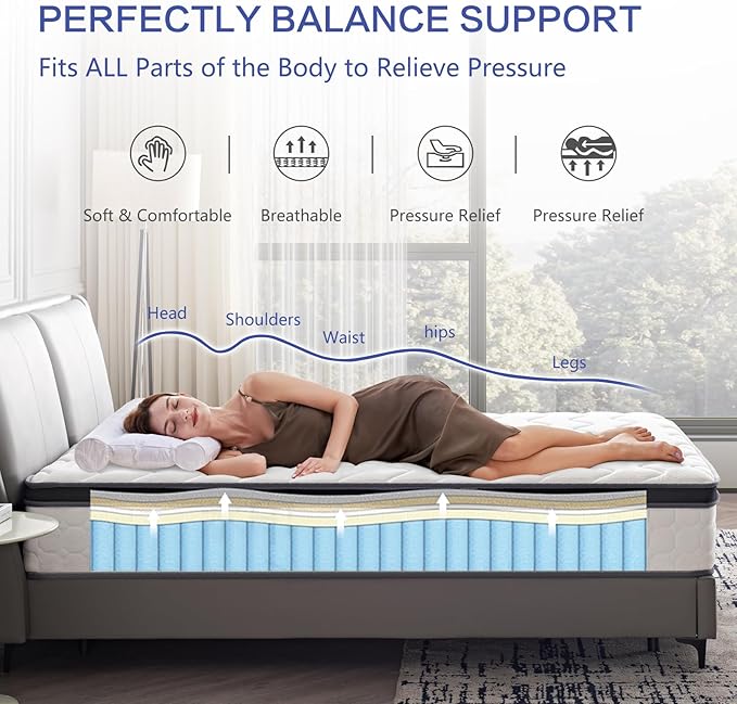 10 Inch King Size Hybrid Mattress - Medium Firm, Memory Foam & Pocket Springs, Motion Isolation, Edge Support, Pressure Relief, Ships Compressed