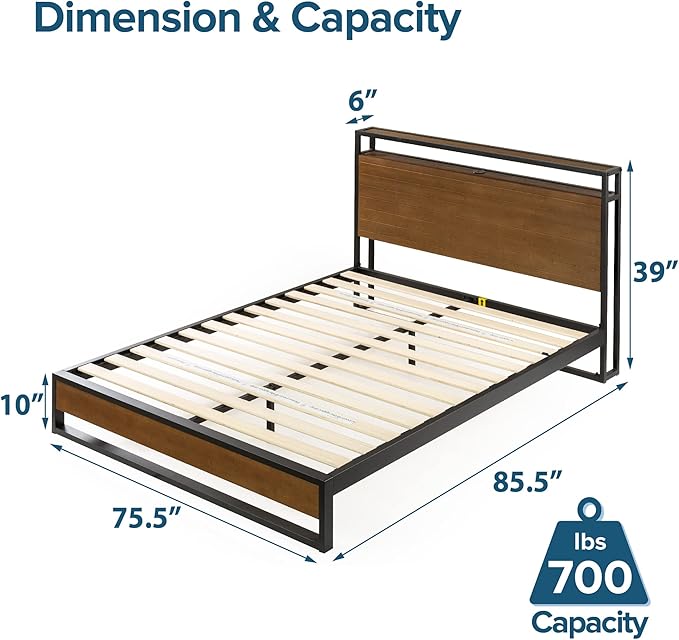 ZINUS Suzanne Bamboo and Metal Platform Bed Frame with Headboard Shelf and USB Ports, No Box Spring Needed, Wood Slat Support, Easy Assembly, King