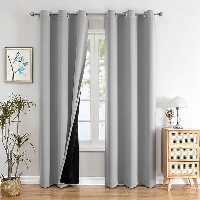 ChrisDowa 100% Blackout Curtains 84 inch Long for Bedroom with Black Liner, 2 Thick Layers Total Blackout Thermal Insulated Grommet Window Curtains 2 Panels Set (Light Grey, 38 x 84 Inch)