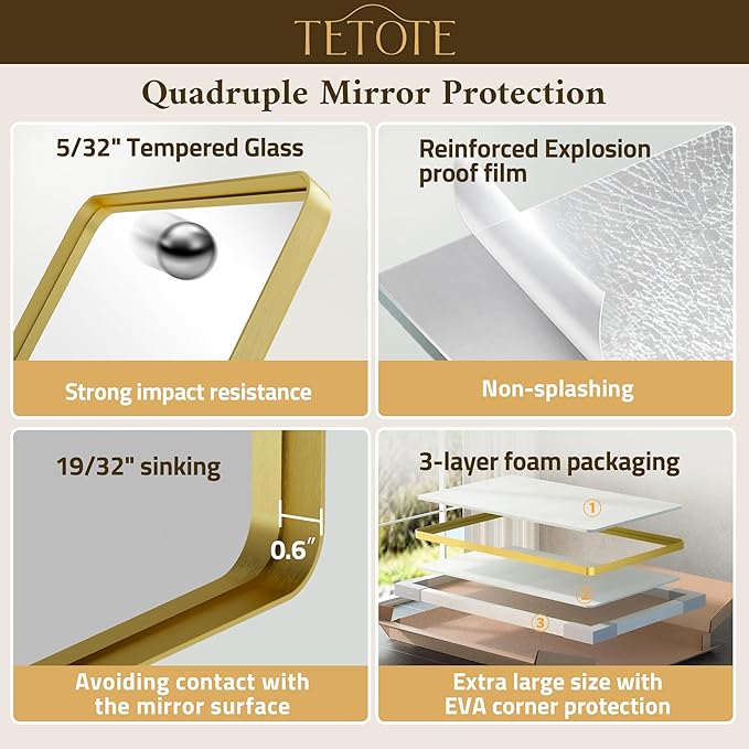 TETOTE Gold Bathroom Mirror 16 x 20 Inch Brushed Gold Metal Framed Vanity Mirror, Tempered Glass, Wall Mounted for Bathroom, Entryway, Bedroom, Living Room(Horizontal/Vertical)