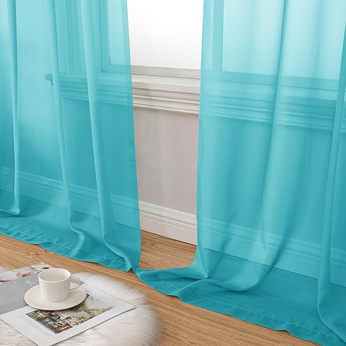 Aiyufeng Turquoise Sheer Curtains 54 Inch Length 2 Panels Set, Light Filtering Airy Rod Pocket Turquoise Window Curtain Treatment Drapes for Kitchen Bedroom Living, Each 42Wx54L Inches