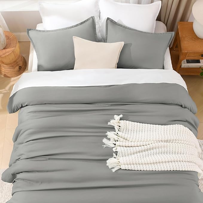 Litanika Comforters Medium Gray Super King Size, 3 Pieces Lightweight Solid Bedding Set & Collections, All Season Fluffy Bed Set (120x120In Comforter & 2 Pillowcases)