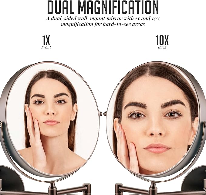OVENTE 9" Wall Mounted Makeup Mirror with 1X/10X Magnification, Double Sided Magnifying Round Bathroom Vanity Mirror, 360° Swivel Design, Extendable and Folding Arm, Antique Bronze MNLFW90ABZ1X10X