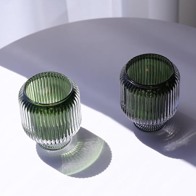 Woho Green Votive Candle Holders Set of 2(3.5" H x 3.1" W), Ribbed Tealight Candle Holder Vintage for Christmas Dinner Table, Reversible Tea Lights Candle Holder Glass for Living Room Home Decor