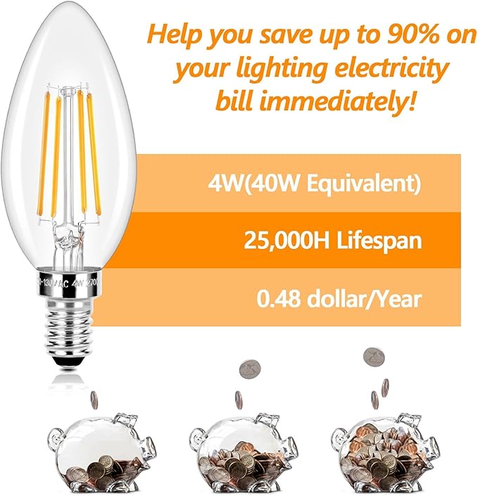 E12 LED Candelabra Bulbs 40 Watt Equivalent, 4W Vintage Candle Light Bulbs, 470Lm Warm White 2700K Edison Bulbs for Ceiling Fan, Filament Clear Glass Type B Lamp Bulbs for Chandelier (5 Packs)