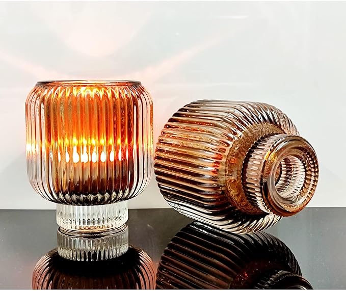 Woho Brown Votive Candle Holders Bulk of 4 for Fall Decor, Tealight Candle Holder for Halloween/Thanksgiving, Vintage Glass Tea Lights Candle Holder for Dining Table(Brown, 3.5'' Tall 3.1'' Diameter)