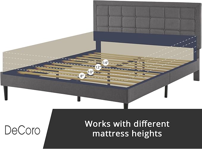 Decoro Mornington Upholstered 2.0 Platform Bed, Button-Tufted Fabric Headboard and Metal Frame with Wood Slat Support, Light Grey, Full