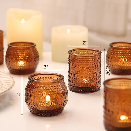 16 Pcs Assorted Amber Candle Holders- Amber Tealight Candle Holder for Fall Wedding Decor, Votive Candle Holders for Fall Home Decorations, Vintage Table Decor