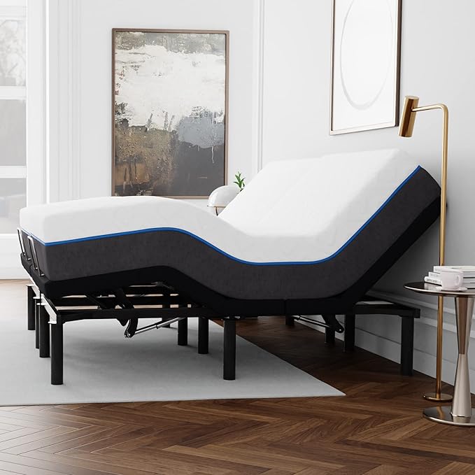 Blissful Nights e3 Split Cal King Adjustable Bed Base Frame with 12" Plush Gel Infused Memory Foam Mattress