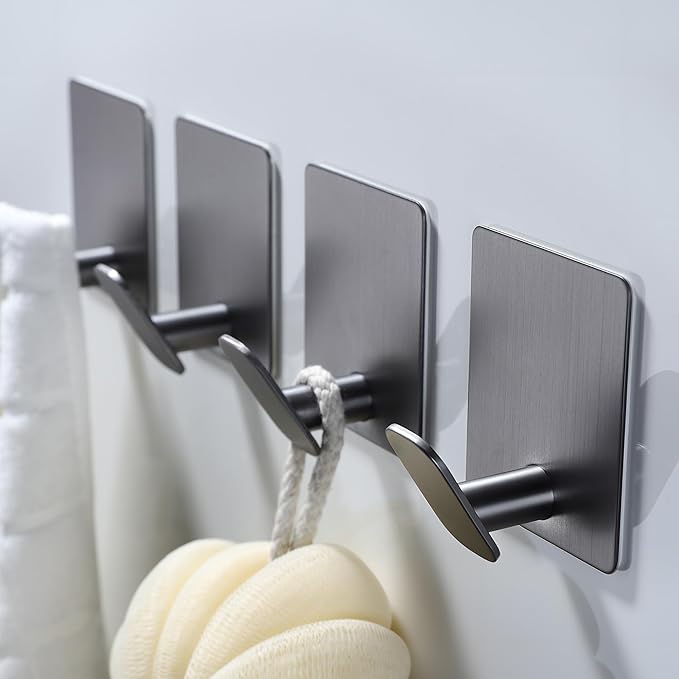DELITON Towel Hooks for Bathrooms - 4 Pack Adhesive Wall Hooks Heavy Duty No Damage, Coat Robe Sticky Hooks for Hanging Waterproof SUS304 Stainless Steel, Grey
