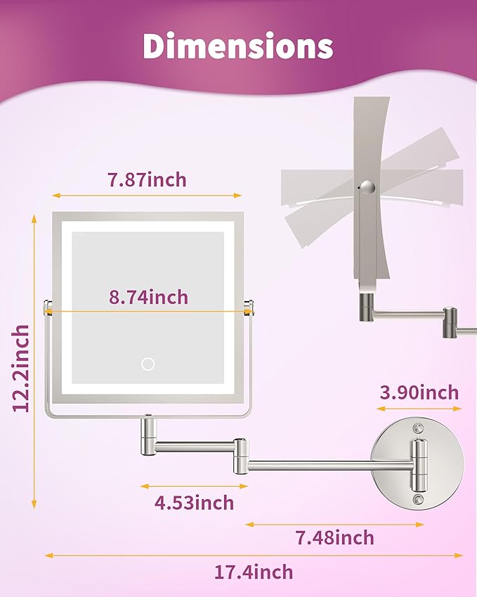 Rechargeable Wall Mounted Makeup Mirror with Lights, 4000mAh Double Sided 1X/10X Magnifying Vanity Mirror with 3 Color Lights, Touch Dimmable, 360° Extension Foldable Arm(Brushed Nickel）