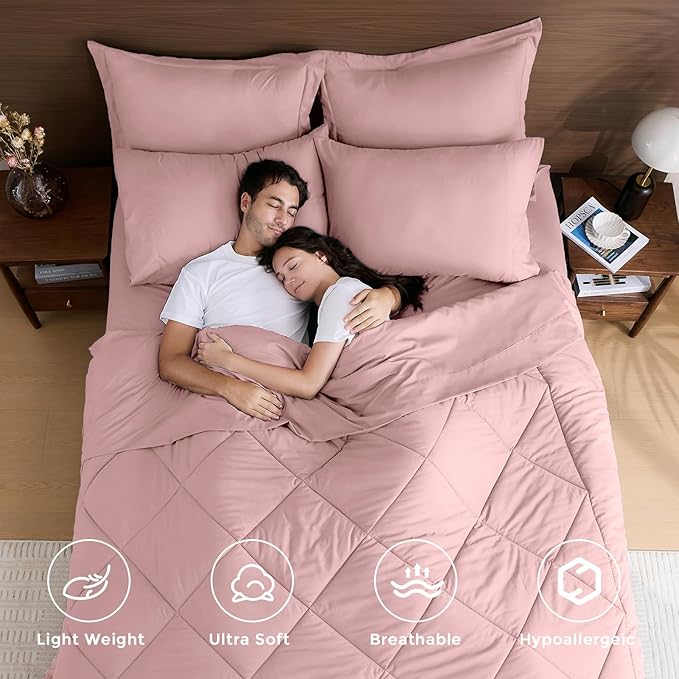 HEVUMYI Rose Gold King Comforter Set - 7-Piece All Season Bed in a Bag King, Ultra Soft Bedding Set with Comforter, Flat Sheet, Fitted Sheet, Pillowcases, Pillow Shams