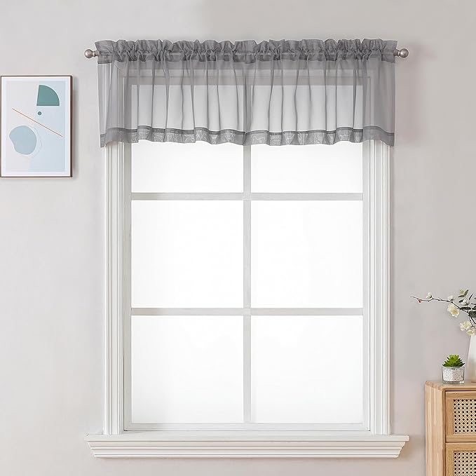 Chyhomenyc Sheer Charcoal Grey Valances for Windows 2 Pack, Small Window Curtains for Living Room Bathroom Cafe Laundry Basement, Modern Top Dual Rod Pocket Voile Curtain, 42W x 18L inches
