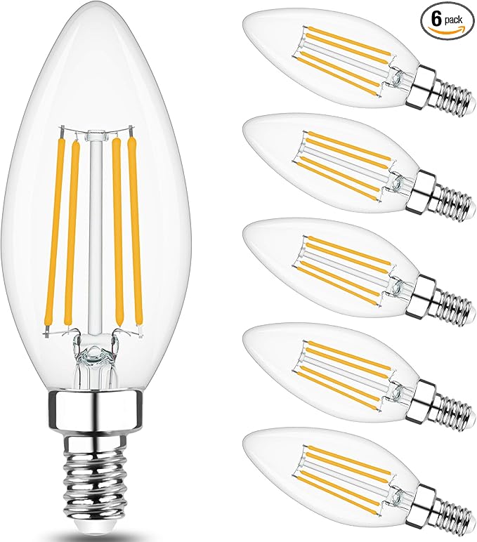 Cotanic Dimmable Candelabra LED Bulb 2700K Warm White,E12 Base Ceiling Fan Light Bulb 60W Equivalent, Type B Light Bulb with Candle Shape,C35 Filament Chandelier Light Bulb Clear Glass,600LM,6 Pack