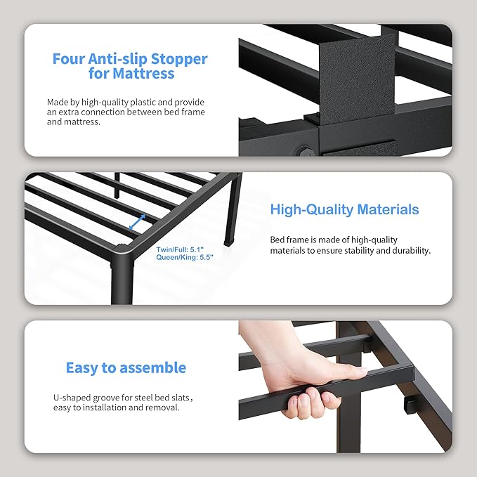 ROIL 7 inch King Size Bed Frame Metal Platform No Box Spring Needed with Round Corner Legs Mattress Stoppers Retainers 3500LBS Heavy Duty Steel Slats Noise-Free Easy Assembly