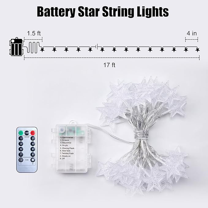 Brightown Star String Lights Battery Operated - 17 ft 50 LED Star Fairy String Lights with Remote and Timer, 8 Modes Waterproof for Bedroom Tent Loft Bed Patio Party Wedding Decor, Multicolor