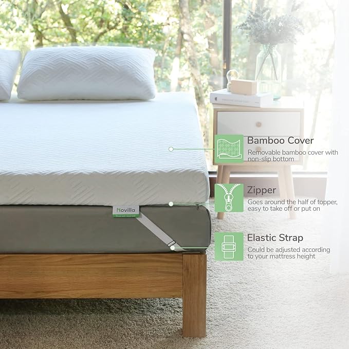 Novilla 2 Inch Gel Memory Foam Mattress Topper for Cool Fresh Sleep & Pressure Relieving, Soft Twin Mattress Topper with Breathable Bamboo Cover,Twin Size, Yozora