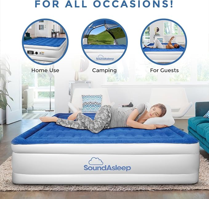 SoundAsleep Dream Series Luxury Air Mattress with ComfortCoil Technology & Built-in High Capacity Pump for Home Camping- Double Height, Adjustable, Inflatable Blow Up, Portable - California King XL