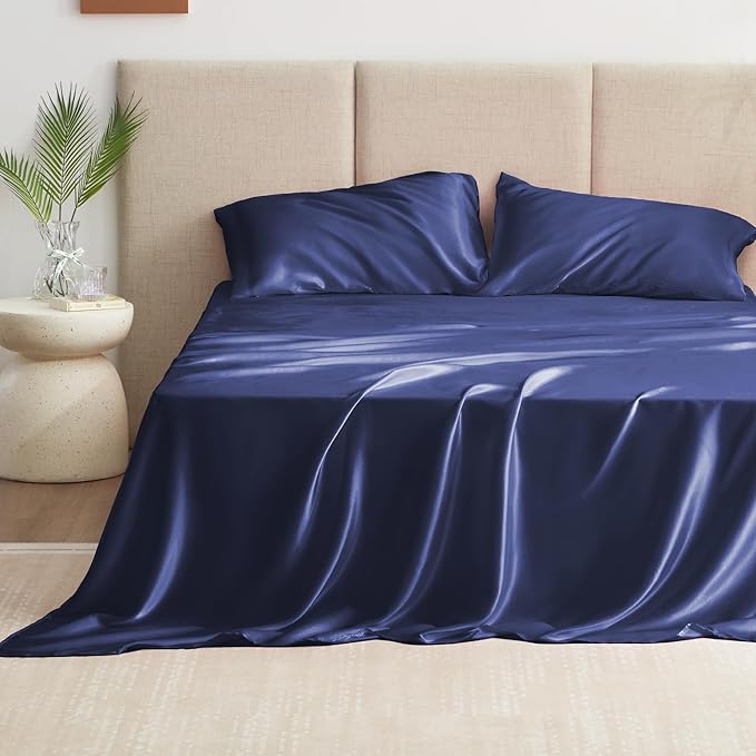 Love's cabin Satin King Sheet Sets - 4 Piece Navy Blue Silky Sheets King Size Bed with Deep Pocket, Luxury Silk Feel King Size Satin Sheet Set (1 Flat Sheet,1 Fitted Sheet,2 Pillow Cases)