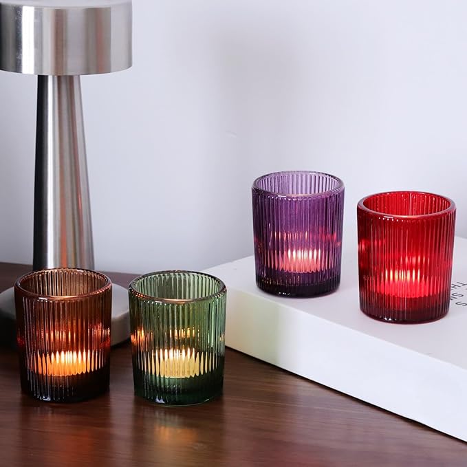 VOHO 24pcs Multicolor Tealight Candle Holder, Vintage Ribbed Tea Light Candle Holder Glass for Room Decor, 4 Color Votive Candle Holders for Table Centerpiece(Green/Red/Purple/Amber)