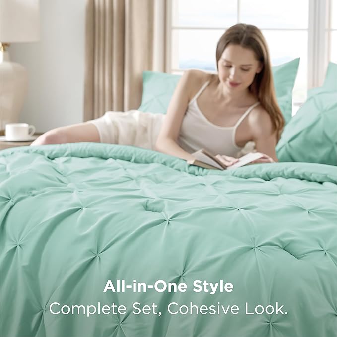 Bedsure Queen Comforter Set Mint Green - Bed in a Bag Queen Size Bedding 7 Pieces, GentleSoft™ Pintuck Bed Set Gift for Family, Pinch Pleat All Season Comforter with Sheets, Pillowcases & Shams