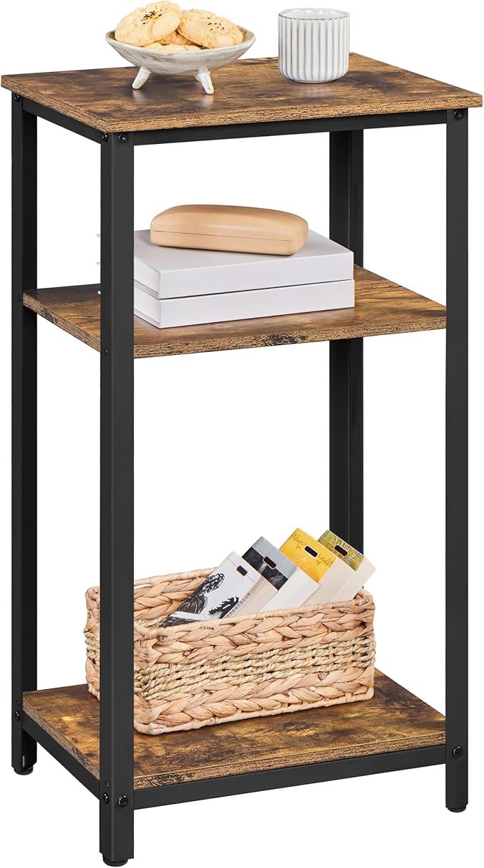 Yaheetech Large 3-Tier Tall End Table, 30 Inches High Side Table with Wooden Shelves & Strong Metal Frame for Living Room Small Space, 12 x 16 x 29.5 inches，Rustic Brown