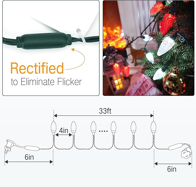 Brizled Red & White Christmas Lights, 66ft 100 LED C9 Faceted Christmas Lights, Connectable Outdoor Strawberry String Light, 120V UL Certified Indoor Xmas Light for Tree House Garden Party & Holiday