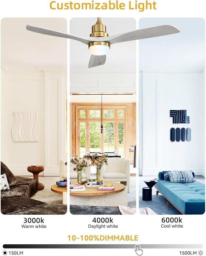 Sofucor 52 Inch Smart Ceiling Fans with Lights and Alexa/Google Assistant/APP/Remote Control-Modern Solid Wood Outdoor 3 Blades Ceiling Fan for Bedroom Living Room Indoor Farmhouse Patio, Grey Gold
