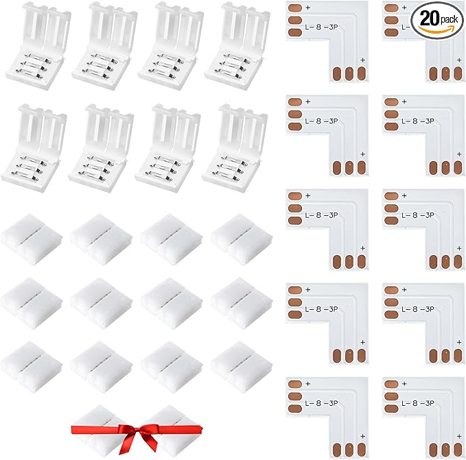 JACKYLED 8mm 3-Pin LED Connectors for LED Strip Lights, Total 22Pcs Corner Connectors Kit for Unwired Gapless Solderless Adapter Extension - 8mm 3pin 10 Pack