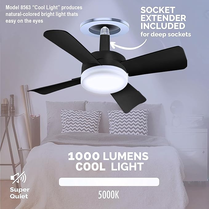 Bell+Howell Socket Breeze Deluxe, Small Ceiling Fan with LED Light and Remote, Adjustable Speeds and Brightness, Light Socket Fan for Bedroom, Kitchen, Living Room, 1000 Lumens