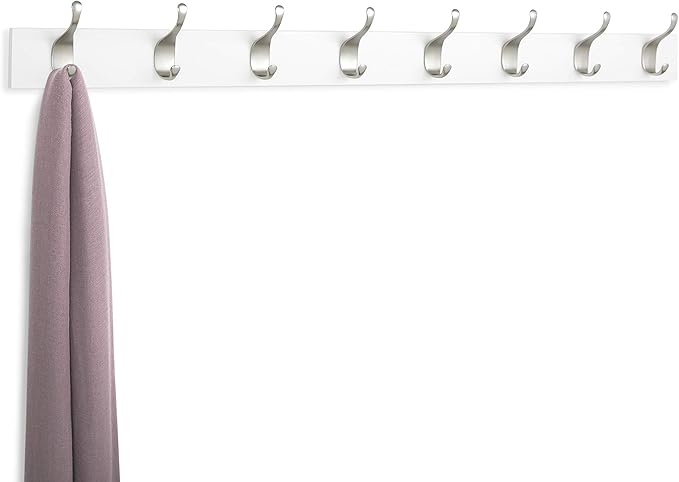 Amazon Basics Wall Mounted Modern Coat Rack with Versatile Storage Hooks, Rectangular, 8-Hook, White