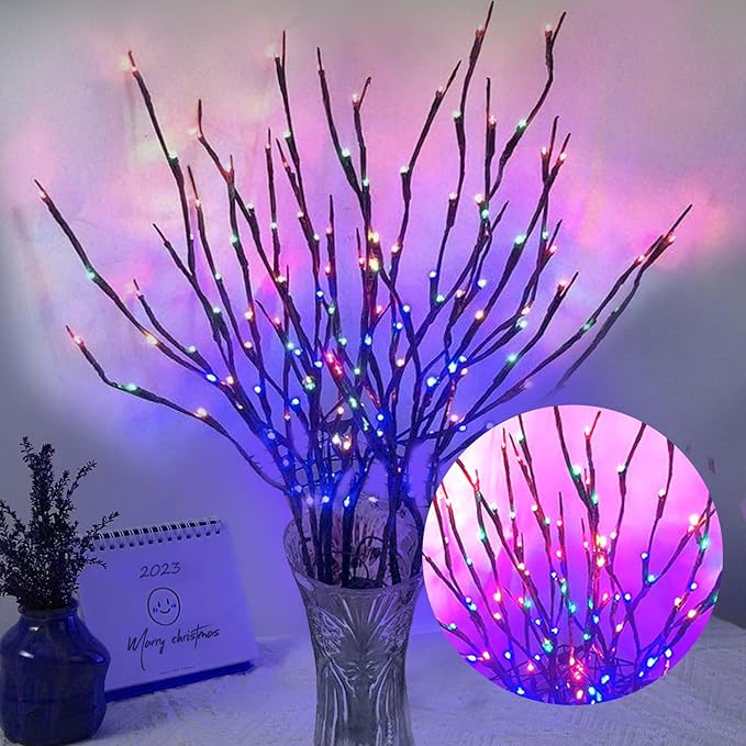DK177 2 Pack Led Branch Light Battery Operated Lighted Branch Vase Filler Willow Tree Artificial Little Twig Power Brown 30 Inch 20 LED for Indoor Romantic, Multicolor Light