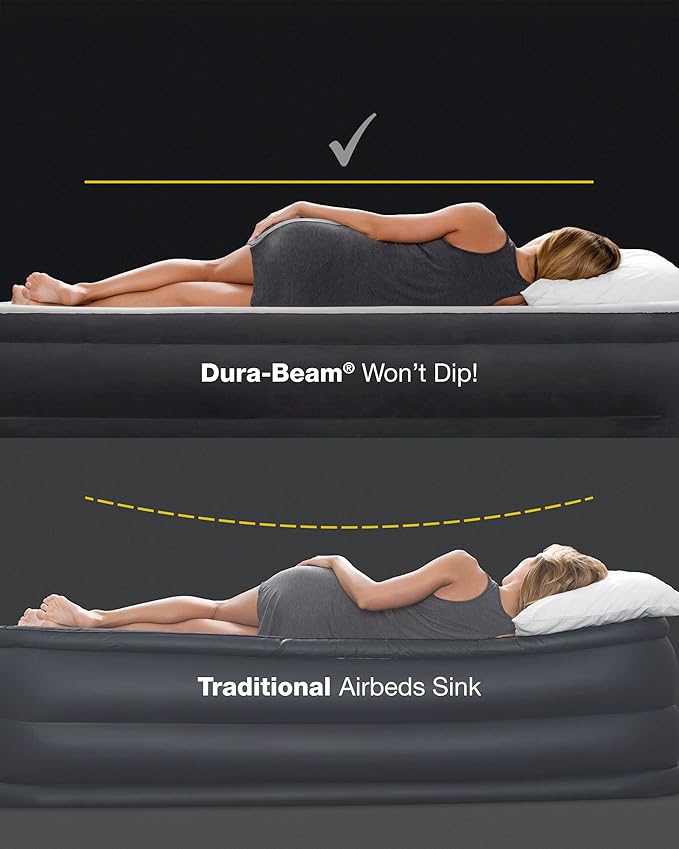 Intex 64777E Dura-Beam Standard Prestige Air Mattress: Fiber-Tech - Twin Size - Hand-Held Battery Pump - 10in Bed Height - 300lb Weight Capacity