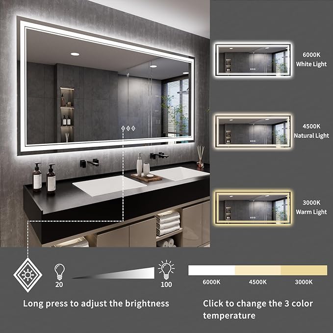 Bathroom Mirrors for Wall, 88x38 Inch Gradient Front and Backlight Big Lighted Mirror, 3 Colors Dimmable CRI>90 Double Lights, IP54 Enhanced Anti-Fog, LED Mirror for Bathroom