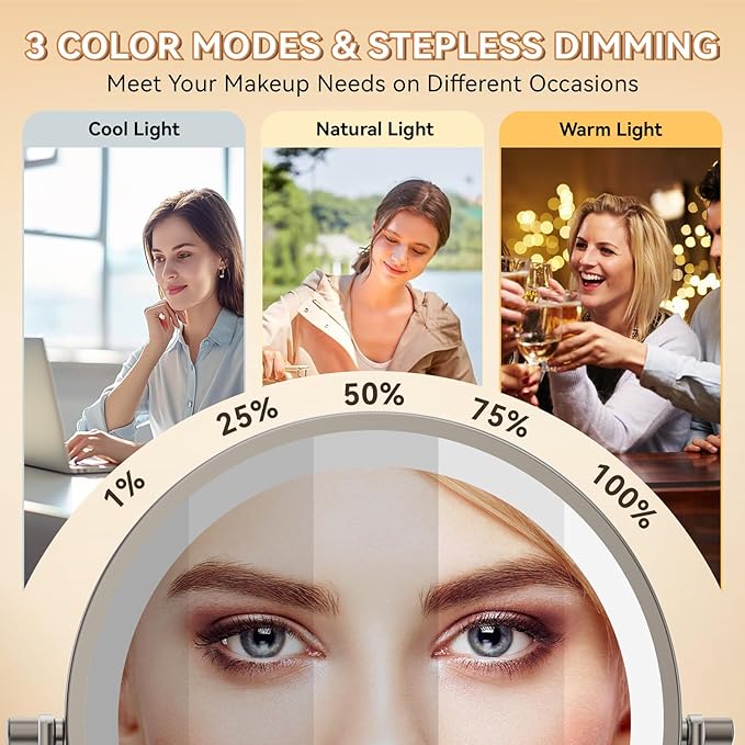 Auxmir 1X/30X Wall Mounted Lighted Makeup Mirror, 8" 3200 mAh Rechargeable Double-Sided Magnifying Mirror, Touch Dimmable 3 Color Lights, 360° Rotating Foldable 14.5" Extension Arm, Brushed Nickel