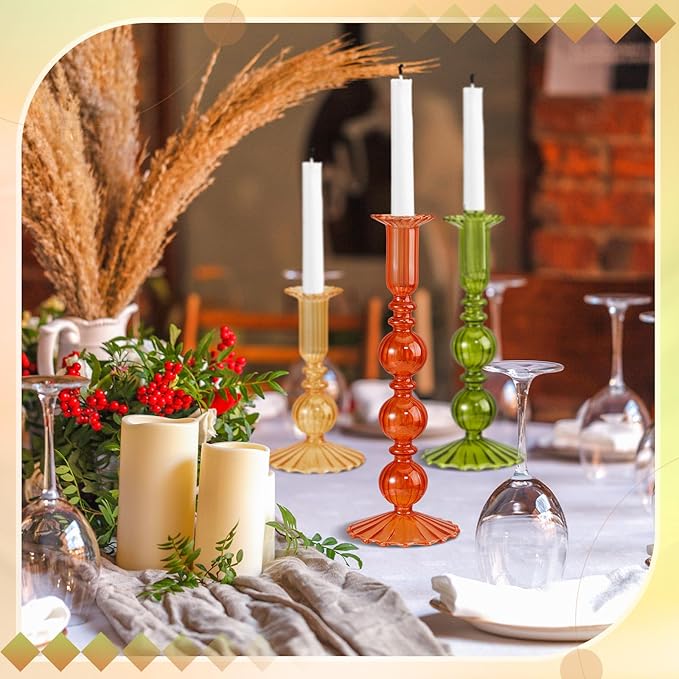 Mumufy 3 Pcs Thanksgiving Glass Candlestick Holders Thanksgiving Ball Shaped Glass Taper Candle Holder Amber Olive Honey Gold Fall Candle Stick Vase Decor for Holiday(5.9, 7.9, 10 inch,Vivid)
