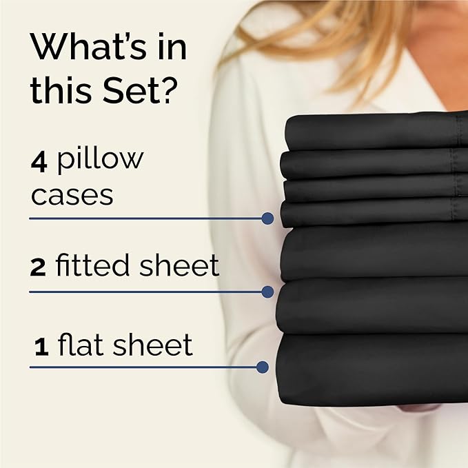 Split King 7 Piece Sheet Set - Comfy Breathable & Cooling - Ultra-Soft Hotel Luxury Bedding Set w/ 8-16 Inch Deep Pockets - 1 Flat & 2 Fitted Sheet & 4 Pillowcases - Wrinkle Free & Easy Care - Black