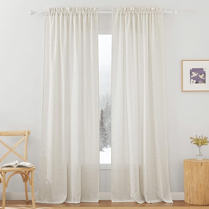 RYB HOME Linen Sheer Curtains - Semi Sheer Light Filtering Sheer Privacy Curtains, Country Rustic Window Curtains Draperies for Living Room Bedroom Patio Doorway, W 52 x L 95, 2 Panels, Linen