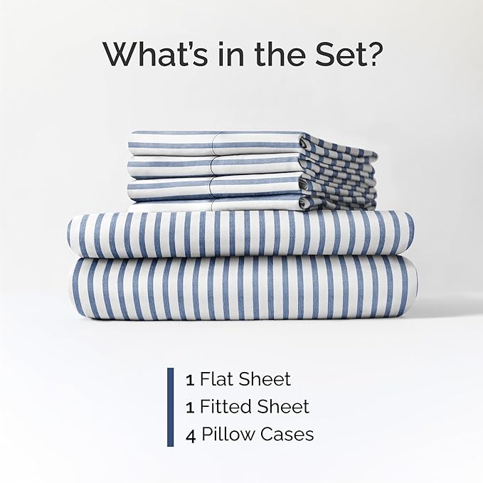 Cal King 6 Piece Sheet Set - Comfy Breathable & Cooling - Soft Hotel Luxury Bedding Set w/ 8-16 Inch Deep Pockets - 1 Flat & 1 Fitted Sheet & 4 Pillowcases - Wrinkle Free & Easy Care - Blue Stripes 2