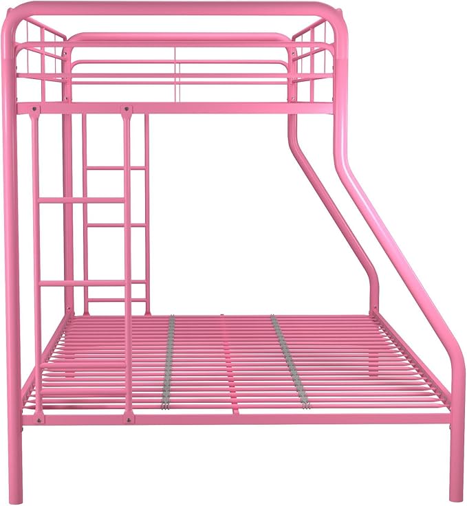 DHP Dusty Metal Bunk Bed Frame, Twin-Over-Full for Kids, Teens, Adults, Angled Ladder, Guardrail, No Boxspring, Small Spaces, Pink