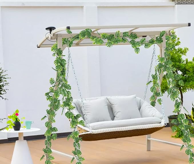 RECUTMS 4Pcs Artificial Monstera Leaves Vines, 5.9FT Fake Hanging Plant Ivy Faux Tropical Palm Leaf Greenery Garland for Garden Porch Patio Jungle Luau Beach Birthday Party Indoor Outdoor Spring Décor