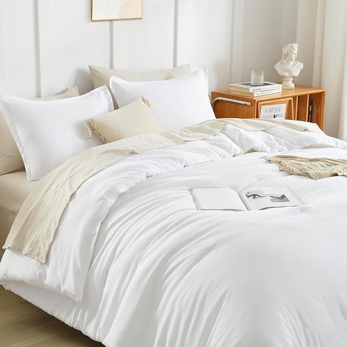 Litanika White Comforters Oversized Queen Size, 3 Pieces Lightweight Solid Bedding Comforter Set, All Season Fluffy Bed Set (98x98In Comforter & 2 Pillowcases)