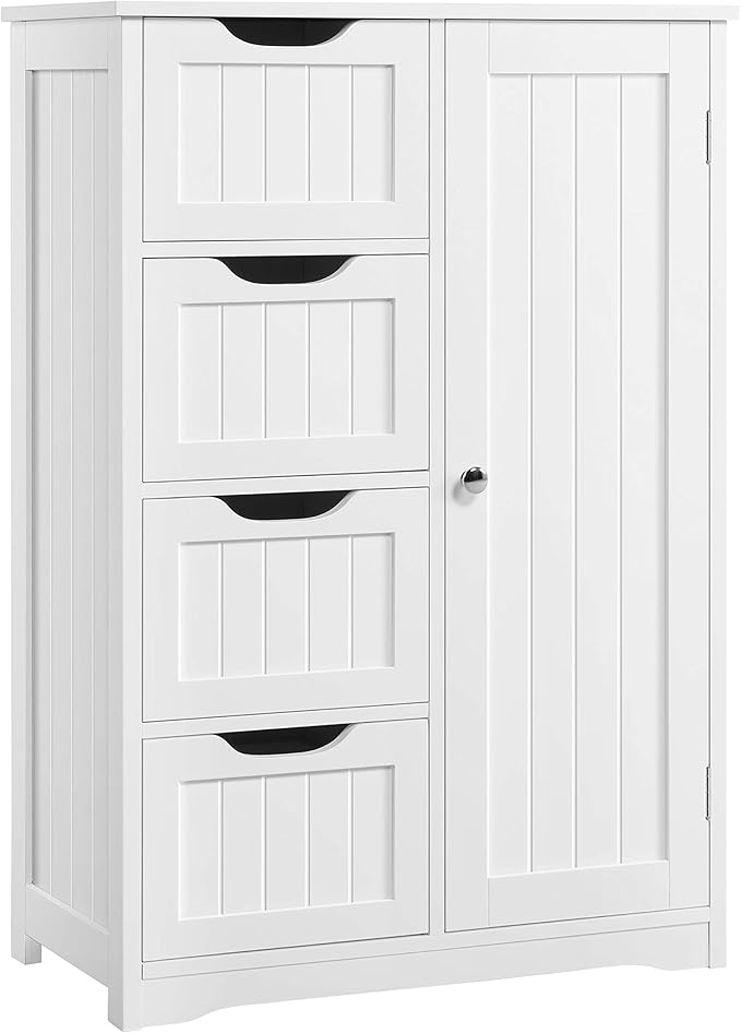 Yaheetech Wooden Floor Cabinet, Side Storage Organizer with 4 Drawers and 1 Cupboard, Freestanding Entryway Storage Unit Console Table, Bathroom Furniture Home Decor, White